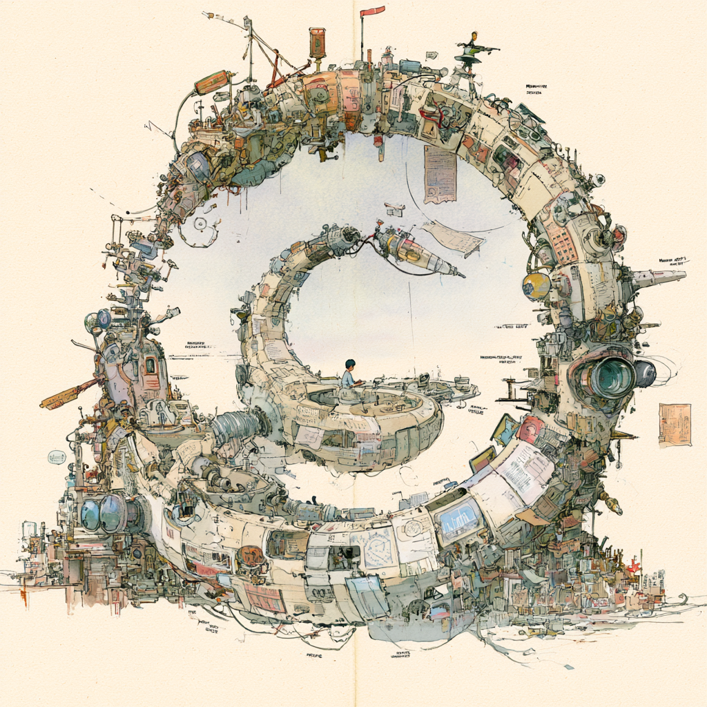 Midjourney artistic rendition of a cinematic watercolor illustration, Hayao Miyazaki style. Editorial illustration for an AI literacy newsletter titled "What People Mean When They Say Agent." A mechanical ouroboros forms a circular feedback loop, its body composed of circuitry, articulated tools, observation lenses, memory fragments, and decision pathways. Inside the circle, a small central AI agent calmly evaluates its previous action before cycling again. Visual movement suggests the sequence perceive → decide → act → observe through distinct stages, no written labels or typography. Blends classical scientific diagram imagery with modern AI symbolism and subtle mythological quality. Intelligent, restrained, slightly playful, editorial tone - not futuristic or corporate. Warm paper tones, limited accent colors, crisp linework, generous negative space. Wide 16:9 newsletter header composition. No logos, no readable text, no glowing humanoid robot. Midjourney artistic rendition of a cinematic watercolor illustration, Hayao Miyazaki style. Editorial illustration for an AI literacy newsletter titled "What People Mean When They Say Agent." A mechanical ouroboros forms a circular feedback loop, its body composed of circuitry, articulated tools, observation lenses, memory fragments, and decision pathways. Inside the circle, a small central AI agent calmly evaluates its previous action before cycling again. Visual movement suggests the sequence perceive → decide → act → observe through distinct stages, no written labels or typography. Blends classical scientific diagram imagery with modern AI symbolism and subtle mythological quality. Intelligent, restrained, slightly playful, editorial tone - not futuristic or corporate. Warm paper tones, limited accent colors, crisp linework, generous negative space. Wide 16:9 newsletter header composition. No logos, no readable text, no glowing humanoid robot.