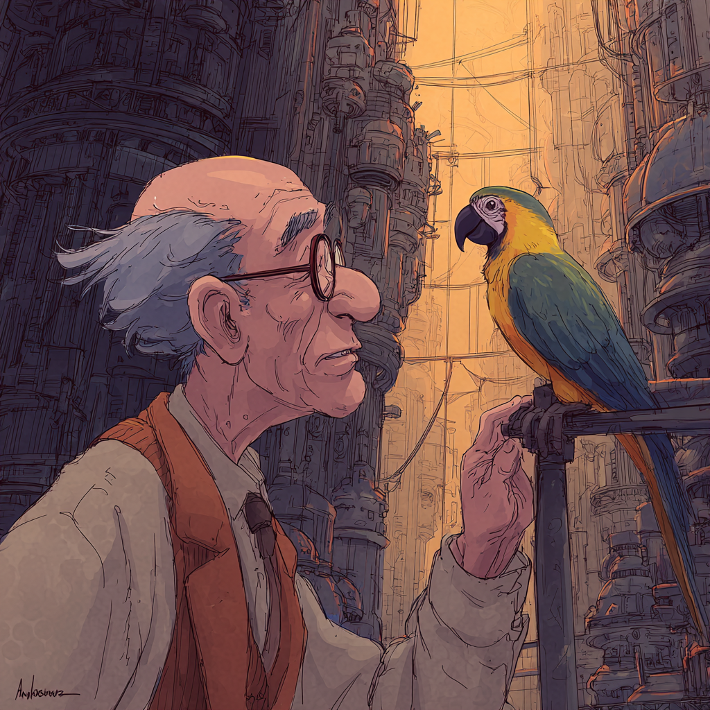 Midjourney artistic rendition of an early operant behavioral psychologist looking at a parrot in the style of Hayao Miyazaki Midjourney artistic rendition of an early operant behavioral psychologist looking at a parrot in the style of Hayao Miyazaki