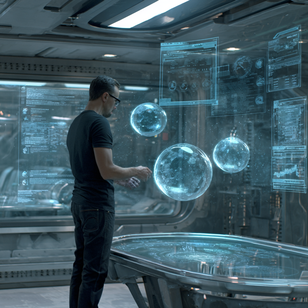 Midjourney artistic rendition A BCBA analyst standing in a Minority Report-style precrime chamber, examining three floating translucent small spheres representing AI outputs, each sphere glowing softly with blurred text. Gesture-controlled holographic panels surround the analyst, showing rubric scores. Cool blue-white volumetric light, transparent UI elements, cinematic ultra-realistic style, glass surfaces, crisp reflections, high-tech forensic mood. A subtle faded matrix style theme code remnants are subtly there but clearly fading away.