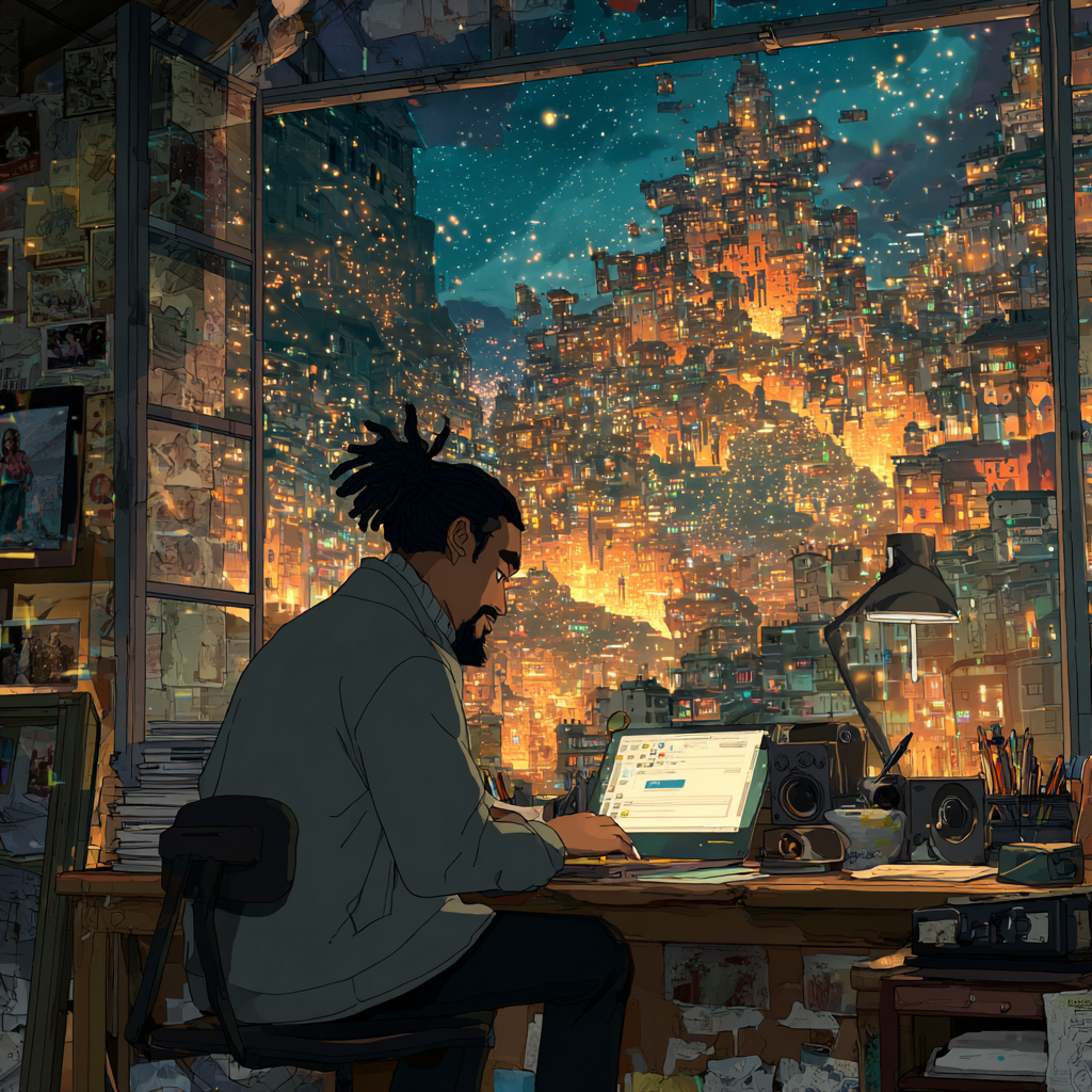 Midjourney artistic rendition a BCBA sitting infront of a computer with an AI interface on screen with a glitch across the entire image and themes of Ready Player One in the style of Hayao Miyazaki Midjourney artistic rendition a BCBA sitting infront of a computer with an AI interface on screen with a glitch across the entire image and themes of Ready Player One in the style of Hayao Miyazaki