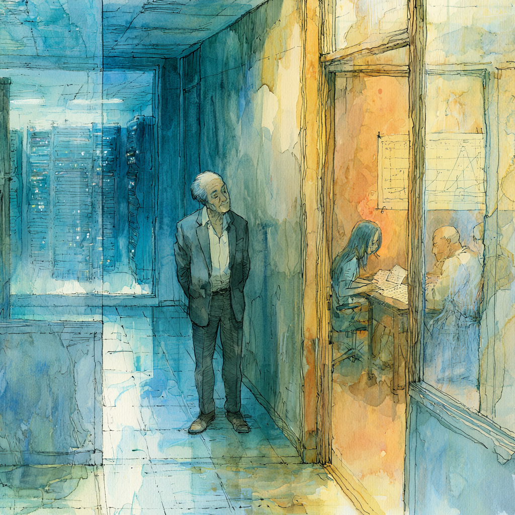 Midjourney artistic rendition of a cinematic watercolor illustration blending Hayao Miyazaki's style with HBO Westworld's minimalist architectural elegance. Inside a quiet behavioral health clinic after hours, an older man, late 50s, neatly groomed gray hair, charcoal blazer over open collar white shirt, stands motionless at a hallway intersection. One hallway leads to a softly glowing server room in cool blue light behind a glass wall of humming server racks. The opposite hallway leads to a warmly lit supervision office where two clinicians sit at a table reviewing paper graphs in quiet conversation. The man stands exactly between both paths, hands folded behind his back, expression calm, unreadable, and reflective not smiling, not sinister, simply observing. Warm and cool lighting divide the composition almost perfectly. Elegant watercolor washes, delicate ink linework, cinematic composition, environmental storytelling, realistic proportions, no fantasy elements, no logos in the style of Hayao Miyazaki Midjourney artistic rendition of a cinematic watercolor illustration blending Hayao Miyazaki's style with HBO Westworld's minimalist architectural elegance. Inside a quiet behavioral health clinic after hours, an older man, late 50s, neatly groomed gray hair, charcoal blazer over open collar white shirt, stands motionless at a hallway intersection. One hallway leads to a softly glowing server room in cool blue light behind a glass wall of humming server racks. The opposite hallway leads to a warmly lit supervision office where two clinicians sit at a table reviewing paper graphs in quiet conversation. The man stands exactly between both paths, hands folded behind his back, expression calm, unreadable, and reflective not smiling, not sinister, simply observing. Warm and cool lighting divide the composition almost perfectly. Elegant watercolor washes, delicate ink linework, cinematic composition, environmental storytelling, realistic proportions, no fantasy elements, no logos in the style of Hayao Miyazaki