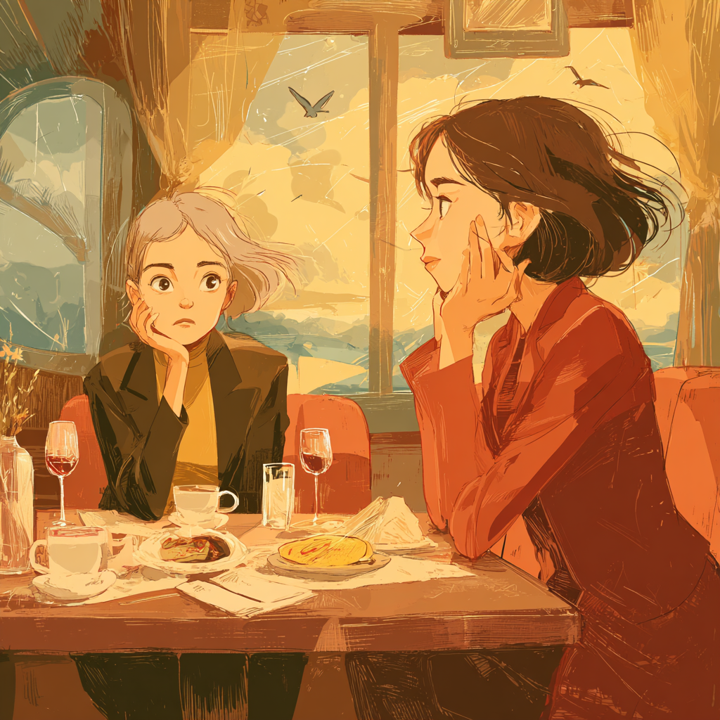 Midjourney artistic rendition of two behavior analysts (one 35 years old, one 28 years old, both women) sitting at a restaurant dinner table in the style of Hayao Miyazaki&nbsp;