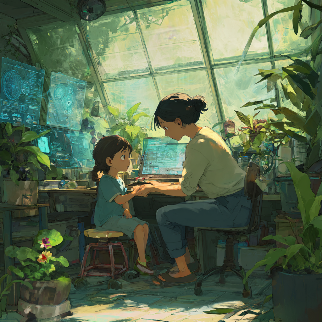 Midjourney artistic rendition a female BCBA sitting at a small desk with a child nearby, the BCBA turning attends to the child’s behavior or expression. Sunlight fills the room, a few plants soften the edges, the tech stack AI interface is present all around, but clearly not the focus as it fades into the background as their emotional connection and positivity are centered in the style of Hayao Miyazaki&nbsp;