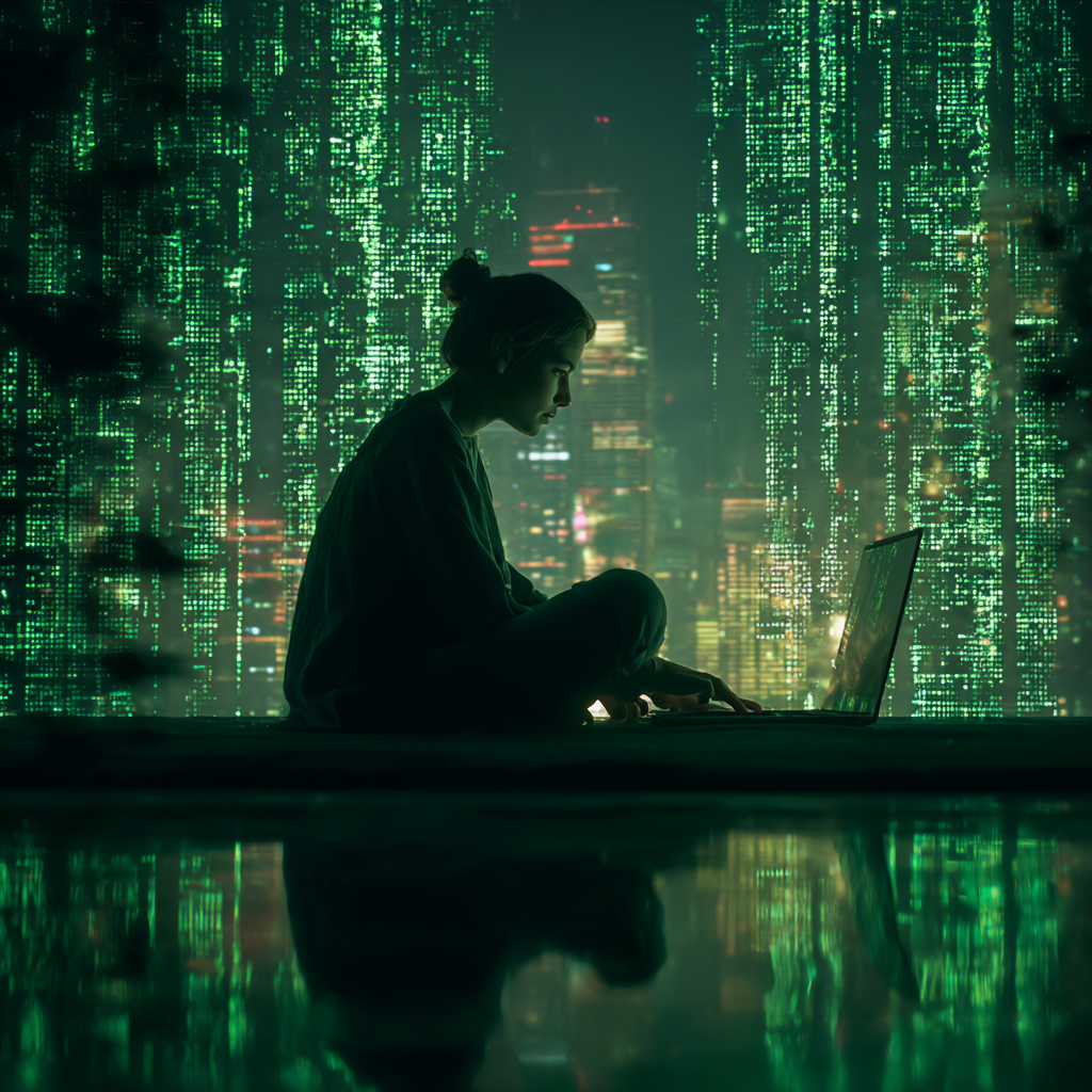 Midjourney artistic rendition. A square image of a woman on a computer reading surrounded by cascading green code. In the background is a neon-lit city that looks futuristic. Symbolism or illusion vs reality is present. In the style of cyber-noir, cinematic lighting, green-tinted monochrome interspersed.
