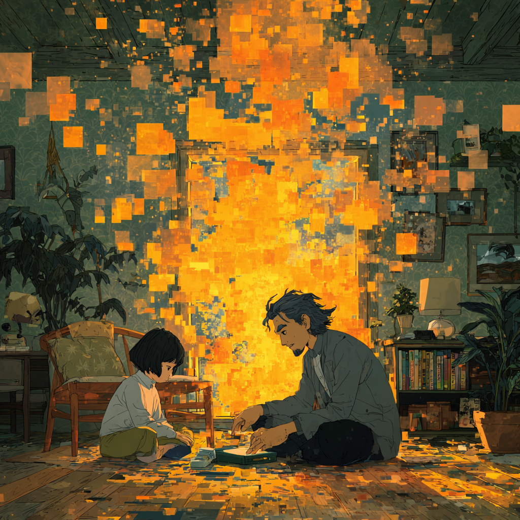 Midjourney artistic rendition a BCBA working with a client with a glitch across the entire image and themes of Ready Player One in the style of Hayao Miyazaki Midjourney artistic rendition a BCBA working with a client with a glitch across the entire image and themes of Ready Player One in the style of Hayao Miyazaki