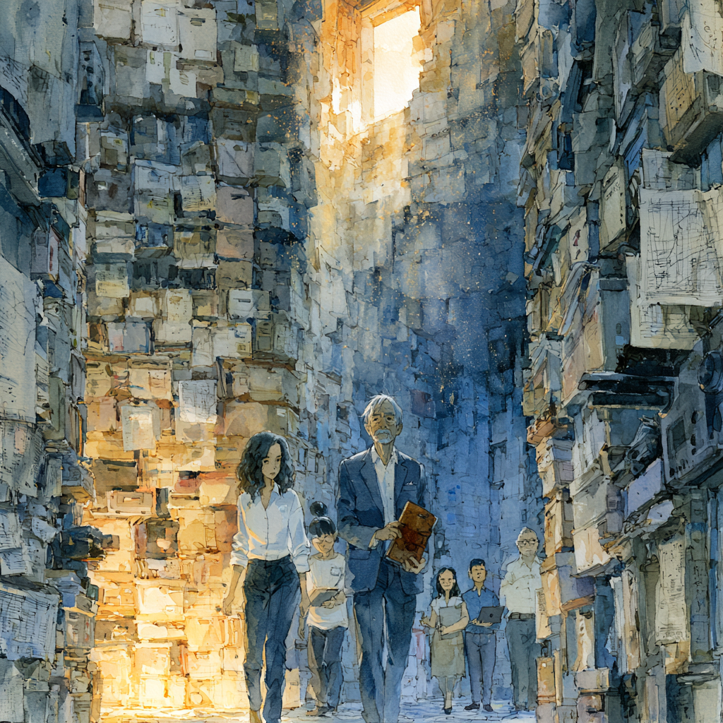 Midjourney artistic rendition of a cinematic watercolor illustration blending Hayao Miyazaki's environmental storytelling with HBO Westworld's clean architectural aesthetic. Inside a hidden archival records room beneath a modern behavioral health clinic, seven professionals enter through a heavy doorway into a forgotten space preserved for decades. Leading: a thoughtful woman, mid 30s, shoulder length dark wavy hair, crisp white blouse with rolled sleeves, dark slacks, stepping confidently into warm golden light. Beside her: a distinguished man, early 60s, silver hair, light stubble, tailored navy suit, no tie, worn brown leather notebook, surveying calmly. Behind them: a younger woman with a dark bun and tablet; a late 30s skeptical man with rolled sleeves and crossed arms; a woman in business casual holding folders; a young analyst with glasses and laptop; an older operations professional with short gray hair observing quietly. Faces understated, partially visible. Focal point: massive floor to ceiling shelves stretching into the distance, overflowing with banker boxes, worn binders, handwritten supervision notes, faded treatment plans, QA reports, graph paper, assessment protocols, old equipment, broken laminators. Narrow aisles weave through towering stacks. Warm sunlight streams through a small high window, illuminating floating dust and golden beams across cool blue shadows. Through the open doorway, the modern clinic is visible glass walls, minimalist architecture, clean AI enabled workspaces contrasting with decades of human clinical reasoning. Atmosphere: quiet discovery, institutional memory, subtle mystery. Elegant ink linework, delicate watercolor washes, cinematic composition, highly detailed environmental storytelling, realistic proportions, restrained expressions. No fantasy elements, no text, no logos, no exaggerated anime features in the style of Hayao Miyazaki Midjourney artistic rendition of a cinematic watercolor illustration blending Hayao Miyazaki's environmental storytelling with HBO Westworld's clean architectural aesthetic. Inside a hidden archival records room beneath a modern behavioral health clinic, seven professionals enter through a heavy doorway into a forgotten space preserved for decades. Leading: a thoughtful woman, mid 30s, shoulder length dark wavy hair, crisp white blouse with rolled sleeves, dark slacks, stepping confidently into warm golden light. Beside her: a distinguished man, early 60s, silver hair, light stubble, tailored navy suit, no tie, worn brown leather notebook, surveying calmly. Behind them: a younger woman with a dark bun and tablet; a late 30s skeptical man with rolled sleeves and crossed arms; a woman in business casual holding folders; a young analyst with glasses and laptop; an older operations professional with short gray hair observing quietly. Faces understated, partially visible. Focal point: massive floor to ceiling shelves stretching into the distance, overflowing with banker boxes, worn binders, handwritten supervision notes, faded treatment plans, QA reports, graph paper, assessment protocols, old equipment, broken laminators. Narrow aisles weave through towering stacks. Warm sunlight streams through a small high window, illuminating floating dust and golden beams across cool blue shadows. Through the open doorway, the modern clinic is visible glass walls, minimalist architecture, clean AI enabled workspaces contrasting with decades of human clinical reasoning. Atmosphere: quiet discovery, institutional memory, subtle mystery. Elegant ink linework, delicate watercolor washes, cinematic composition, highly detailed environmental storytelling, realistic proportions, restrained expressions. No fantasy elements, no text, no logos, no exaggerated anime features in the style of Hayao Miyazaki