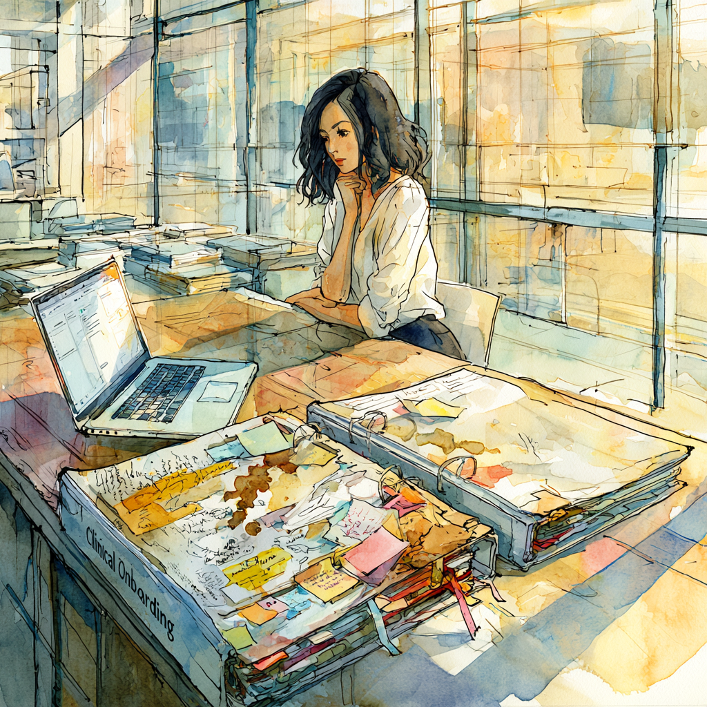Midjourney artistic rendition of a cinematic watercolor illustration inspired by Hayao Miyazaki with the clean architectural elegance of HBO's Westworld. Inside a quiet modern behavioral health clinic office, a large wooden desk sits beneath warm afternoon sunlight from floor to ceiling glass windows. Two nearly identical binders rest side by side, labeled "Clinical Onboarding." The older binder is worn, filled with sticky notes, handwritten margin notes, coffee stains, highlights, folded corners, and bookmarks. The newer binder is pristine and minimalist, paired with an open silver laptop showing a clean documentation interface. Behind the desk, a thoughtful woman in her mid 30s with shoulder length dark wavy hair, white blouse, and dark slacks studies both binders in silence. Still, reflective atmosphere. Rich watercolor textures, fine architectural ink linework, cinematic lighting, subtle emotional storytelling, realistic proportions, no fantasy elements, no text beyond the binder label, no logos in the style of Hayao Miyazaki Midjourney artistic rendition of a cinematic watercolor illustration inspired by Hayao Miyazaki with the clean architectural elegance of HBO's Westworld. Inside a quiet modern behavioral health clinic office, a large wooden desk sits beneath warm afternoon sunlight from floor to ceiling glass windows. Two nearly identical binders rest side by side, labeled "Clinical Onboarding." The older binder is worn, filled with sticky notes, handwritten margin notes, coffee stains, highlights, folded corners, and bookmarks. The newer binder is pristine and minimalist, paired with an open silver laptop showing a clean documentation interface. Behind the desk, a thoughtful woman in her mid 30s with shoulder length dark wavy hair, white blouse, and dark slacks studies both binders in silence. Still, reflective atmosphere. Rich watercolor textures, fine architectural ink linework, cinematic lighting, subtle emotional storytelling, realistic proportions, no fantasy elements, no text beyond the binder label, no logos in the style of Hayao Miyazaki