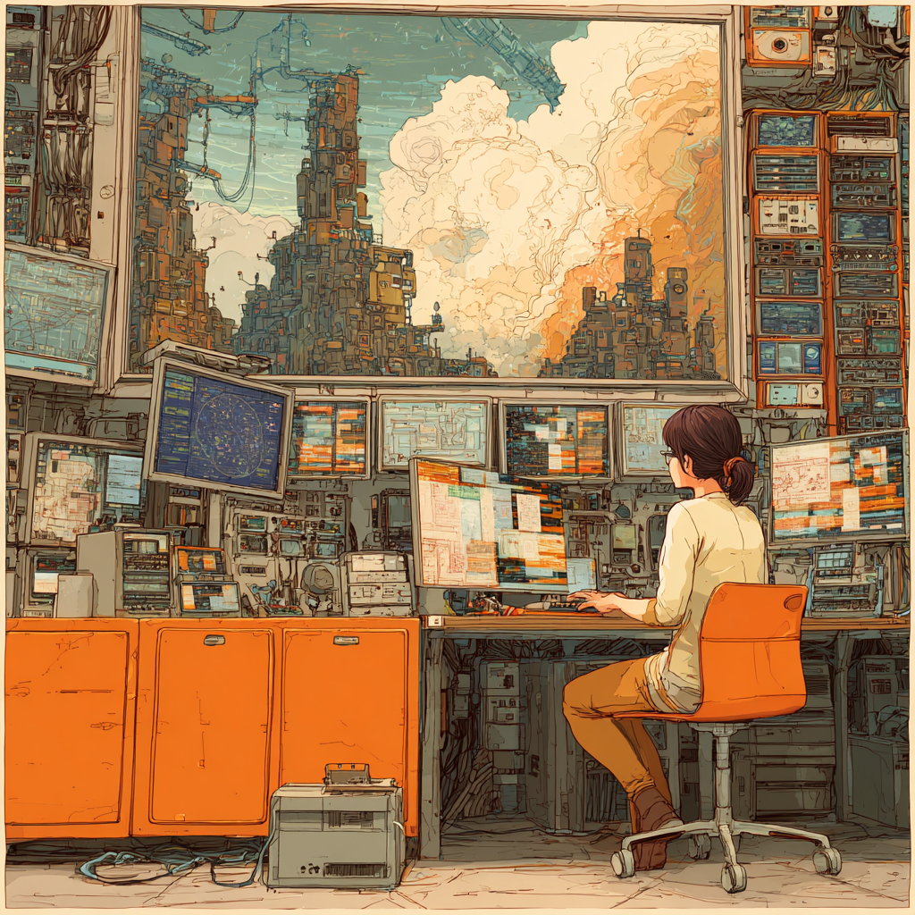 Midjourney artistic rendition a BCBA surrounded by vasy amounts of data with the stacks outside a window in the style of Hayao Miyazaki&nbsp;