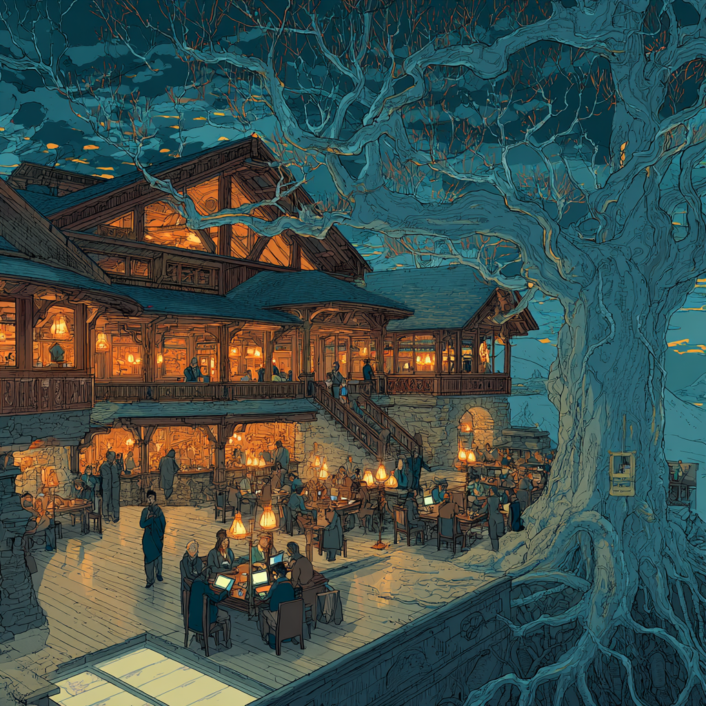 Midjourney artistic rendition a grand mountain lodge hotel bar at dusk, sitting ontop of a butte, Hayao Miyazaki-inspired illustration, dozens of BCBAs and clinicians talking and drinking with glowing laptops and tablets, warm amber lighting, conference bags scattered across tables, visible tree roots beneath the transparent wooden floor intertwining like neural networks, roots carrying streams of glowing data instead of water, subtle Westworld atmosphere, cinematic depth, painterly textures, melancholy wonder, hidden systems operating beneath ordinary life, ultra-detailed environmental storytelling. Midjourney artistic rendition a grand mountain lodge hotel bar at dusk, sitting ontop of a butte, Hayao Miyazaki-inspired illustration, dozens of BCBAs and clinicians talking and drinking with glowing laptops and tablets, warm amber lighting, conference bags scattered across tables, visible tree roots beneath the transparent wooden floor intertwining like neural networks, roots carrying streams of glowing data instead of water, subtle Westworld atmosphere, cinematic depth, painterly textures, melancholy wonder, hidden systems operating beneath ordinary life, ultra-detailed environmental storytelling.