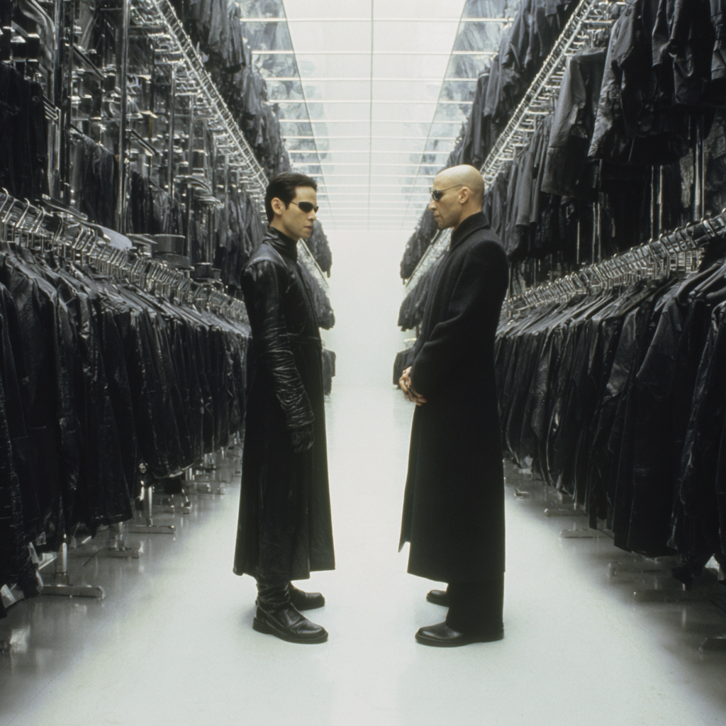 Midjourney artistic rendition of Morpheus and Neo looking at each other in The Construct with rows of items around them in a symetrical shot.