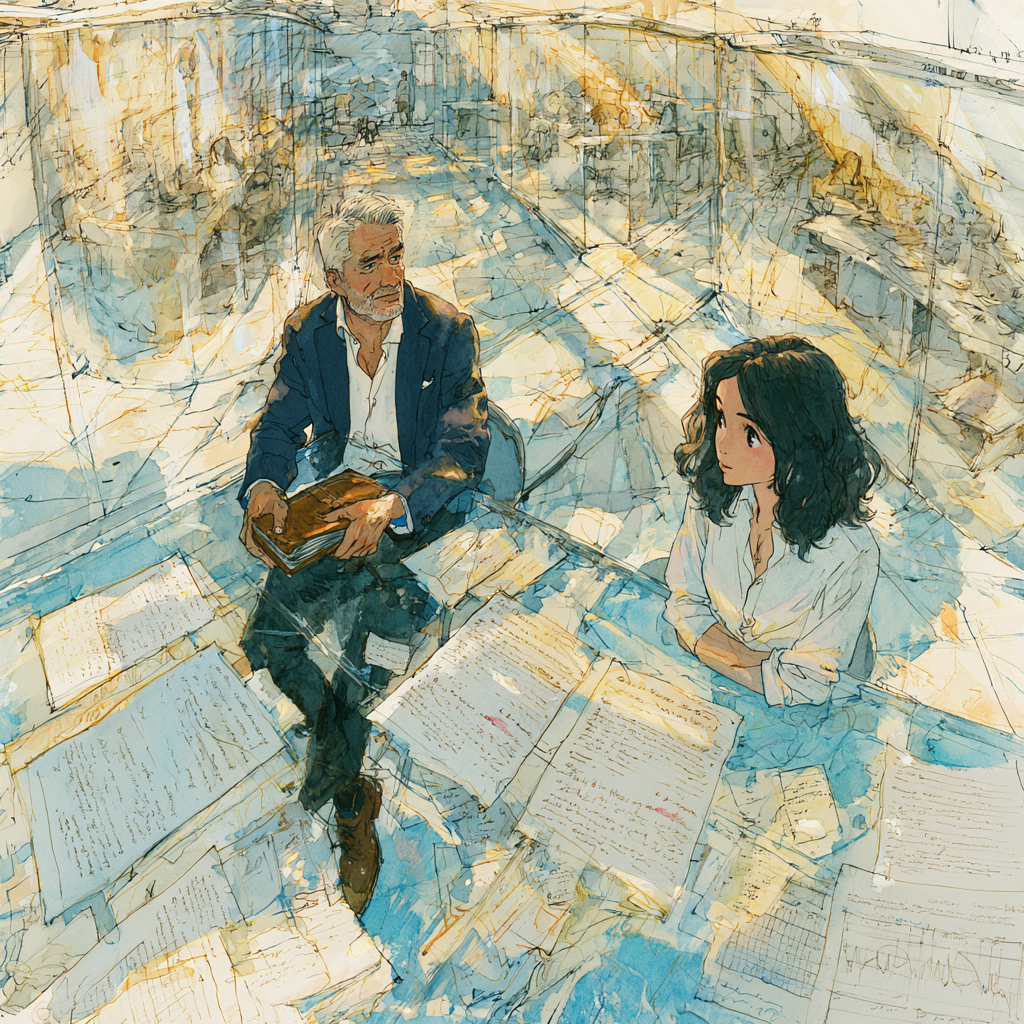 Midjourney artistic rendition of a subtle Westworld cinematic influences. Inside a modern ABA clinic with transparent glass offices, Juniper and Mercer sit at a large glass conference table covered with printed treatment plans, handwritten notes, behavior graphs, and de identified clinical documentation. Mercer is an intelligent, composed businessman in his early 50s with short salt and pepper hair, light stubble, navy sport coat over an open collar white shirt, dark slacks, holding a leather notebook. Juniper has shoulder length dark wavy hair, expressive eyes, and wears a white button down shirt. They study printed rationale statements as afternoon sunlight pours through glass walls. Atmosphere: quiet, analytical, slightly unsettling. Emphasis on human reasoning as organizational infrastructure. No robots, holograms, or futuristic clichés. Soft watercolor textures, delicate line work, warm natural lighting in the style of Hayao Miyazaki&nbsp;