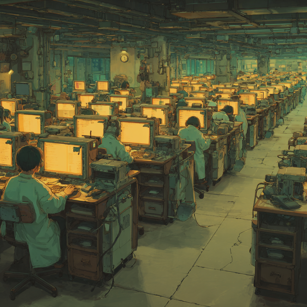 Midjourney artistic rendition a modern ABA clinic office, rows of identical glowing computer screens producing perfectly formatted session notes, all text visually identical and sterile, multiple clinicians sitting but disengaged, subtle eerie repetition, soft fluorescent lighting, slight dystopian tone, Miyazaki-inspired realism, warm but unsettling palette, emphasis on sameness and loss of individuality, cinematic depth of field in the style of Hayao Miyazaki&nbsp;