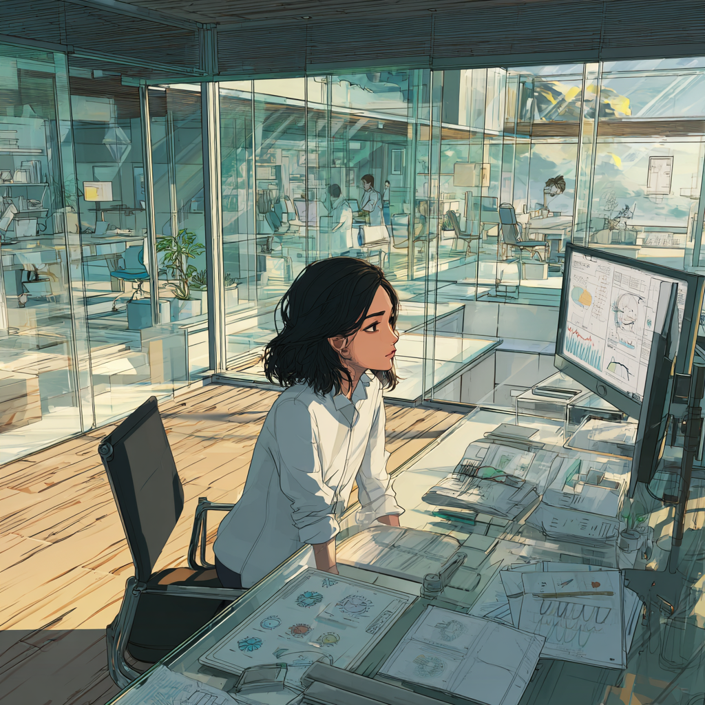Midjourney artistic rendition of a highly detailed Hayao Miyazaki-inspired illustration of Juniper, a thoughtful clinical leader in her late 30s with shoulder-length dark hair and a calm, analytical presence, sitting alone at a modern glass workstation inside a premium ABA clinic. Large floor-to-ceiling windows fill the room with soft morning light. Around her are treatment plans, supervision notes, skill acquisition graphs, and behavioral data visualizations displayed on elegant transparent screens. Through glass walls behind her, ABA therapy rooms are visible with therapists conducting discrete trial instruction and natural environment teaching sessions. The environment blends Westworld’s clean architectural aesthetic with a real clinical setting, white oak wood, glass, brushed steel, subtle technology integrated into the environment. Juniper studies documentation carefully, noticing patterns beneath the surface. Quiet, contemplative mood. Beautiful cinematic composition. Ultra-detailed environmental storytelling. No robots. No science-fiction machinery. Technology feels invisible and natural. In the style of Hayao Miyazaki&nbsp;