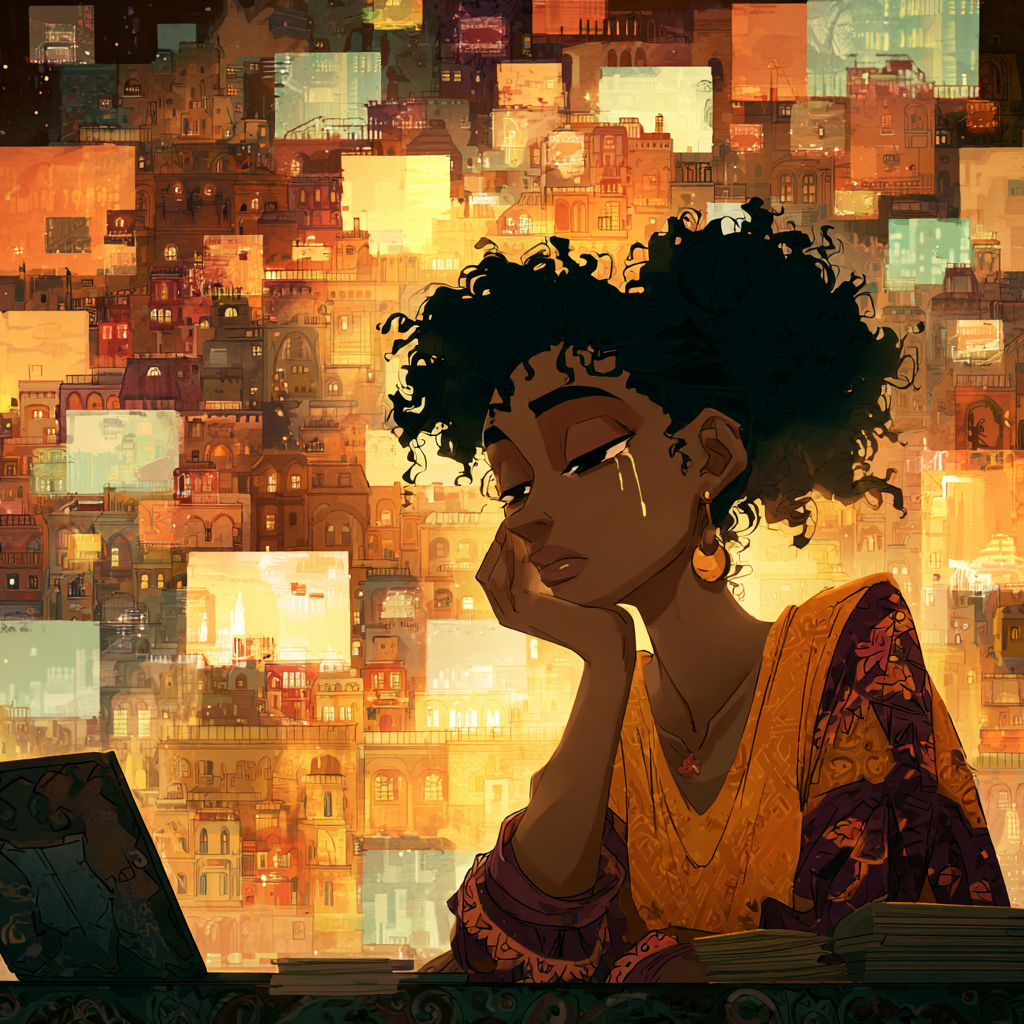 Midjourney artistic rendition a BCBA crying at their desk looking down with themes of Ready Player One in the style of Hayao Miyazaki&nbsp;