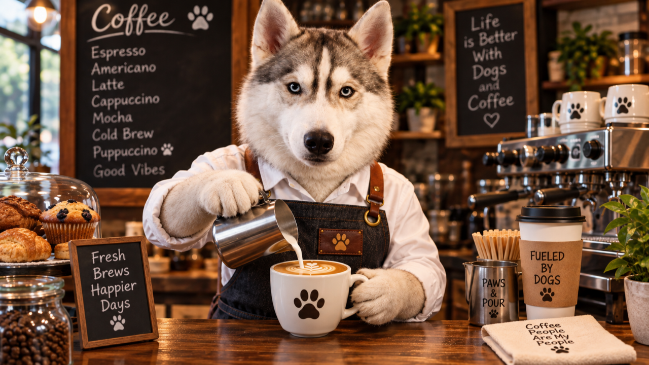 Siberian Husky barista pouring cream into a mug with a pawprint on it, dog show, dog training, conformation, conformation training, conformation show, conformation seminar, Sandy Weaver, wagalicious, AI generated image