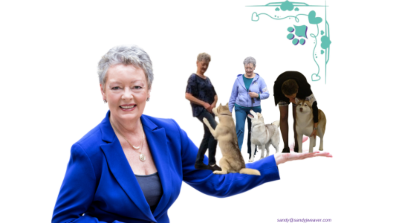 A woman with smaller images of herself training different Siberian Huskies superimposed on her outstretched arm and hand, Sandy Weaver, dog training, dog training seminars, in-person conformation seminars, online seminars, online dog training, conformation dog shows