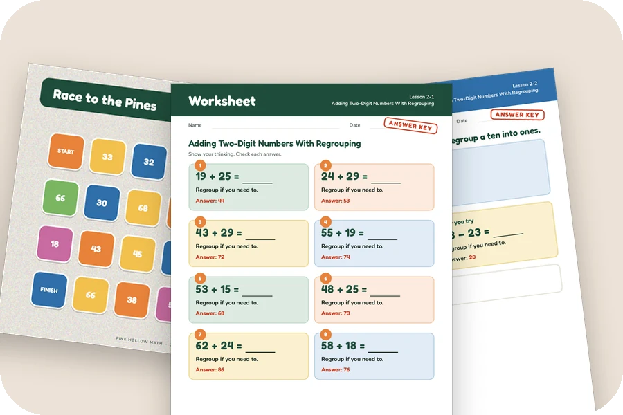 A math game board, a worksheet and guided notes from Unit 2