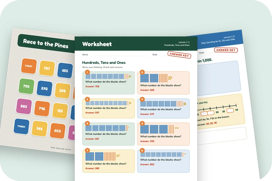 A math game board, a worksheet and guided notes from Unit 1