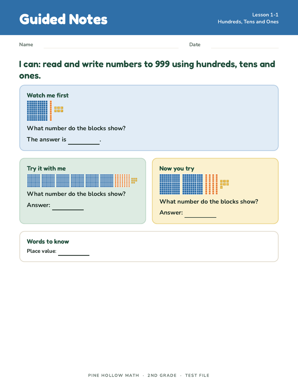 The guided notes page for Hundreds, Tens and Ones: watch me first, try it with me, now you try
