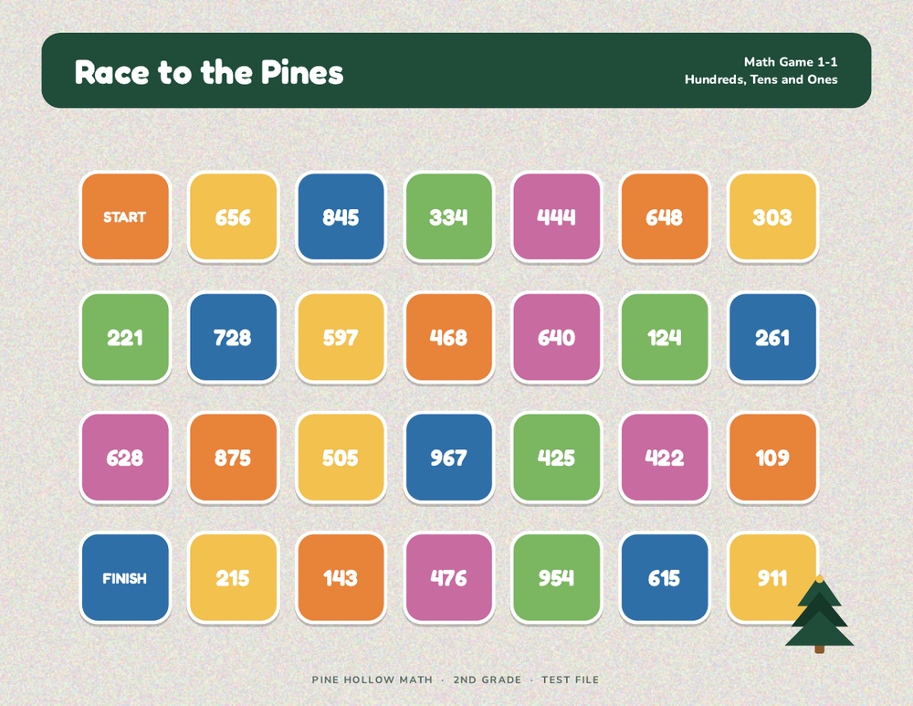The Race to the Pines game board: 26 three-digit numbers from start to finish