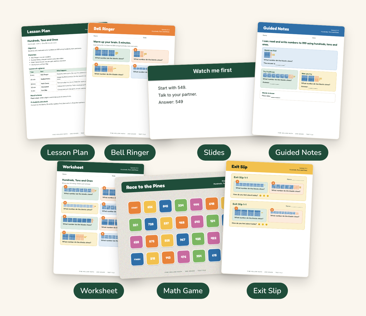 What's inside the free lesson: the lesson plan, bell ringer, slides, guided notes, worksheet, math game and exit slip from Lesson 1-1, Hundreds, Tens and Ones