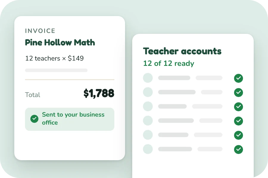 An invoice marked as sent, beside a list of teacher accounts that are ready