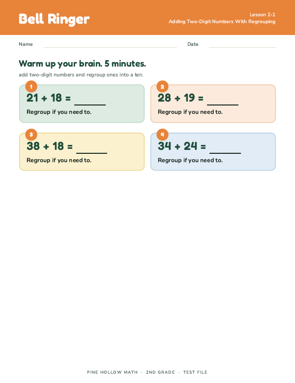 The first page of Bell Ringer SE: 2-1 Adding Two-Digit Numbers With Regrouping