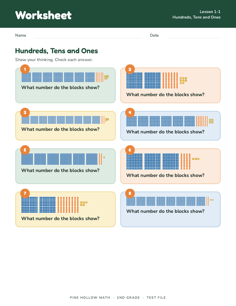 Page one of the worksheet for Hundreds, Tens and Ones
