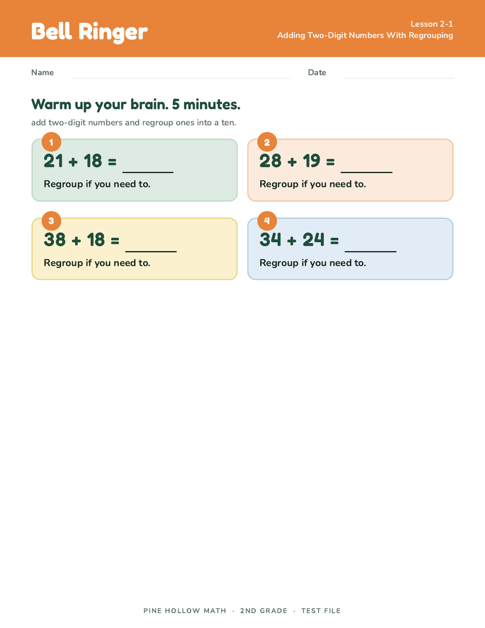 The bell ringer for Adding Two-Digit Numbers With Regrouping: four problems