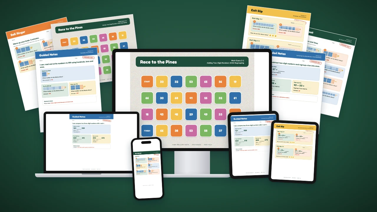 The 2nd Grade Math course on a desktop, a laptop, tablets and a phone