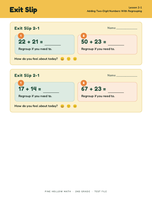 The first page of Exit Slip SE: 2-1 Adding Two-Digit Numbers With Regrouping