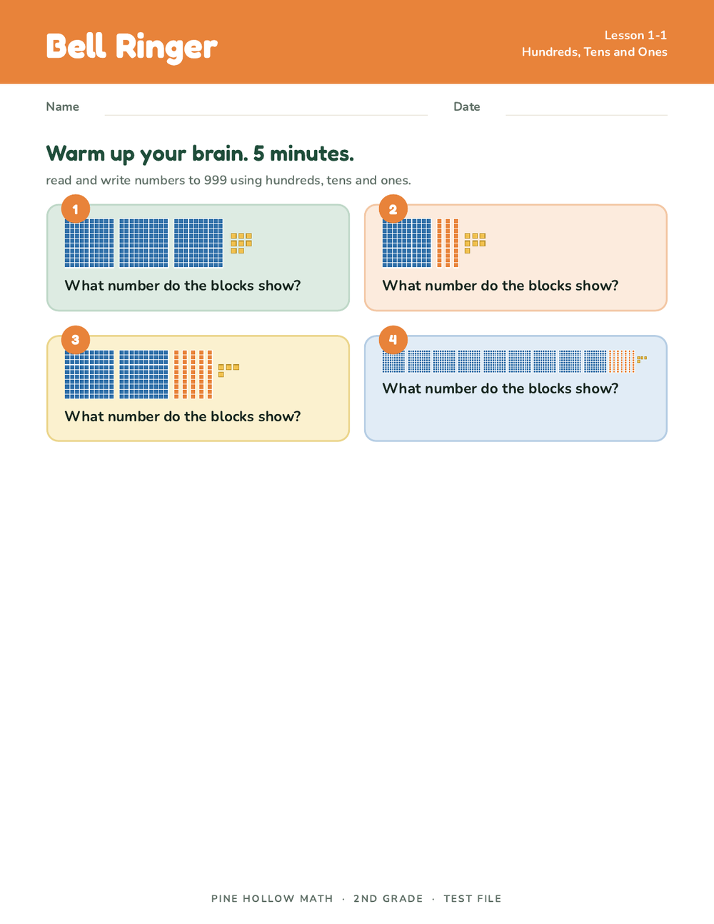 The bell ringer for Hundreds, Tens and Ones: four sets of base-ten blocks