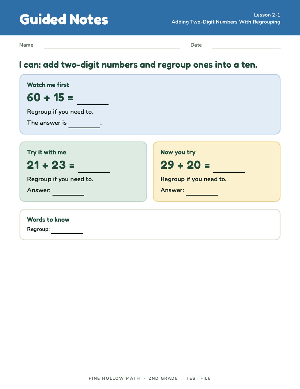 The guided notes page: how to teach two digit addition with regrouping in three steps, watch me first, try it with me, now you try