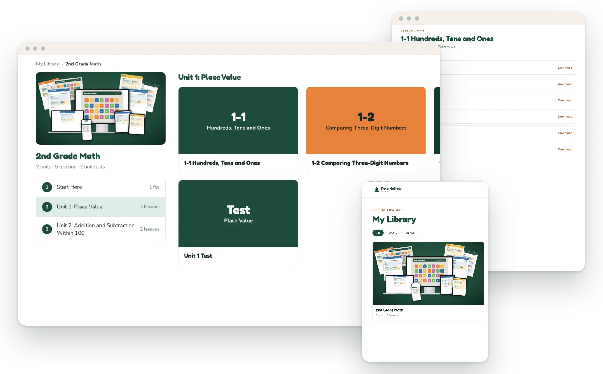 Three screens of the member area: the course page, a lesson page and the library