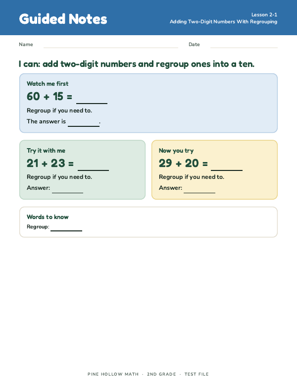 The first page of Guided Notes SE: 2-1 Adding Two-Digit Numbers With Regrouping