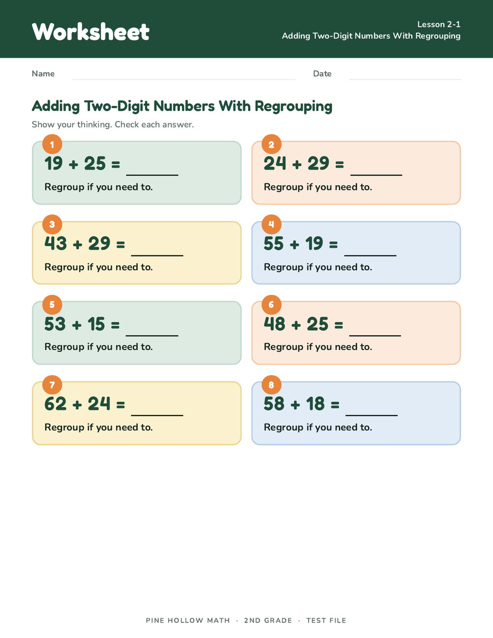 Page one of the worksheet for Adding Two-Digit Numbers With Regrouping