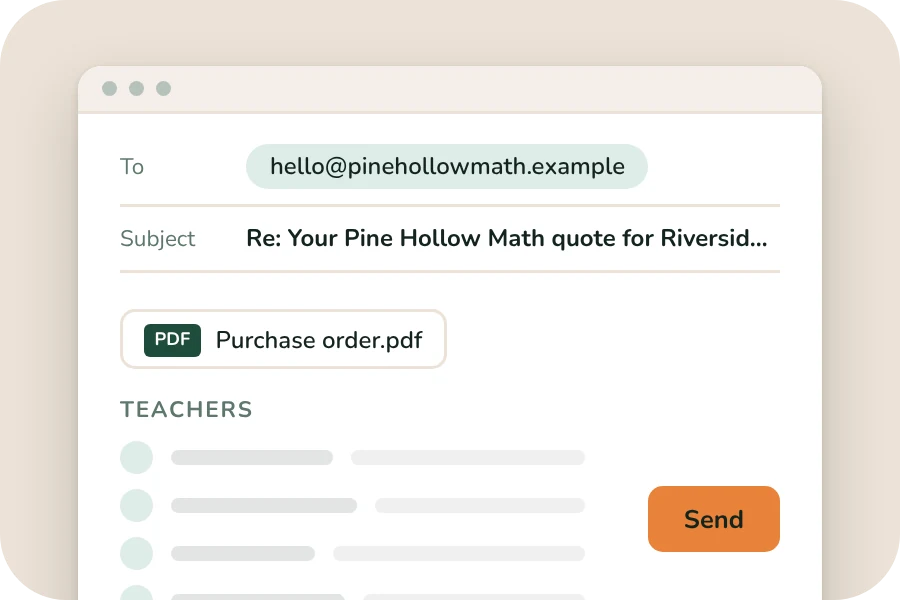 A reply email with a purchase order attached and a list of teachers