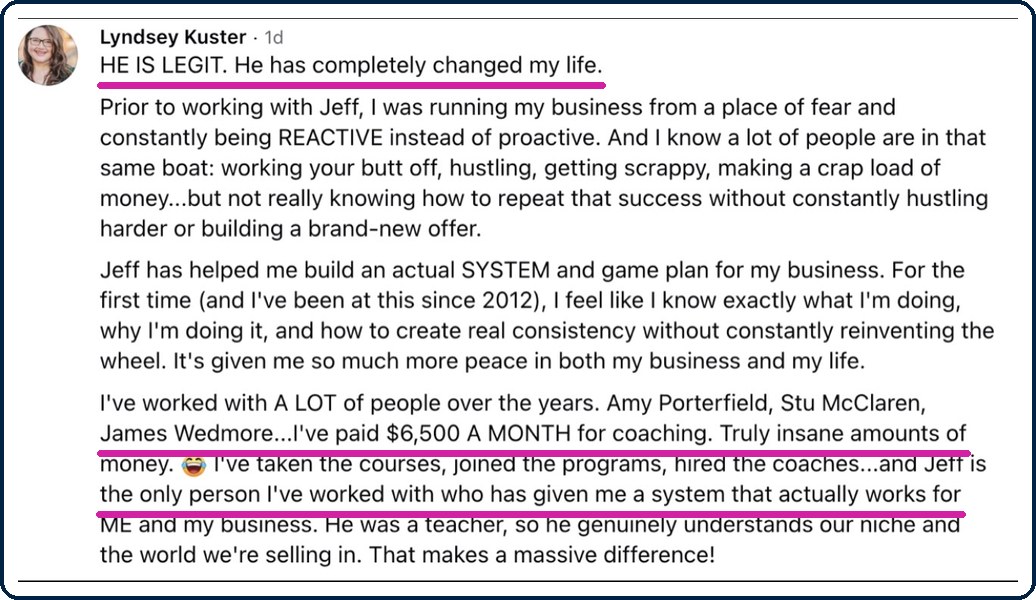 Lyndsey Kuster: the only coach who gave her a system that actually works, after paying $6,500 a month elsewhere