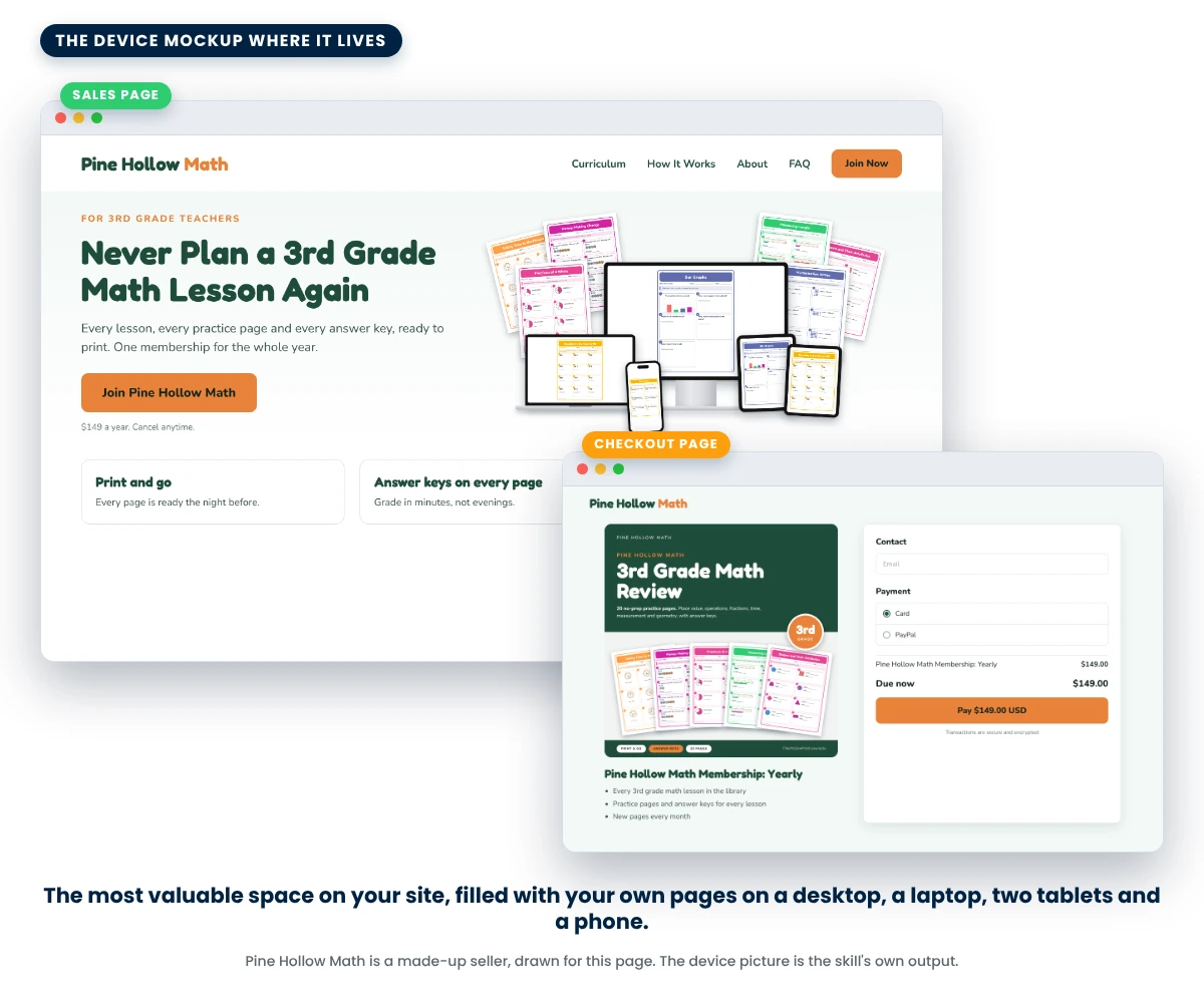 The device mockup at the top of a sample sales page and on a checkout page: the seller's pages on a desktop, a laptop, two tablets and a phone, with fans of printed pages behind