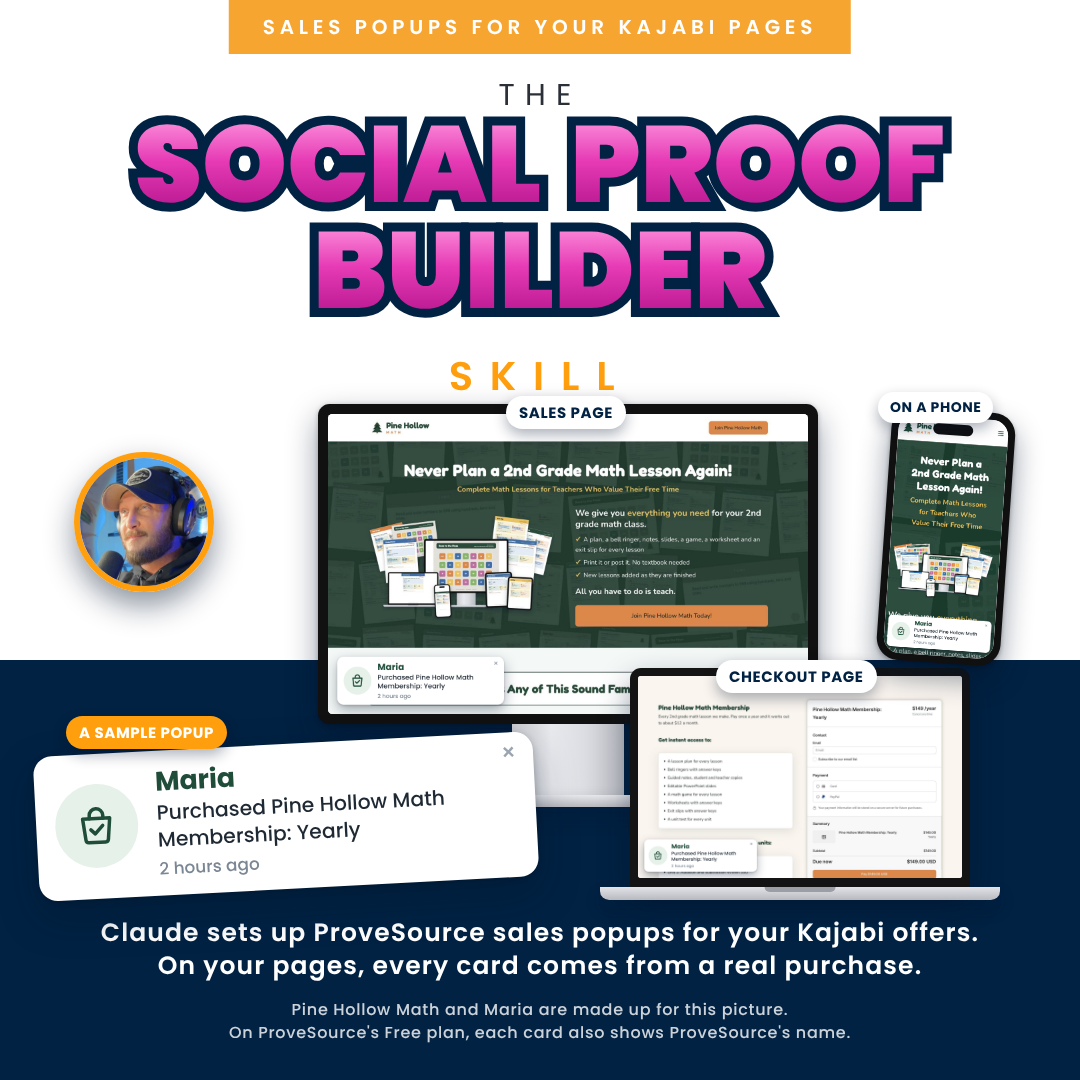 The Social Proof Builder Skill: a sample sales popup on a sales page, a checkout page and a phone