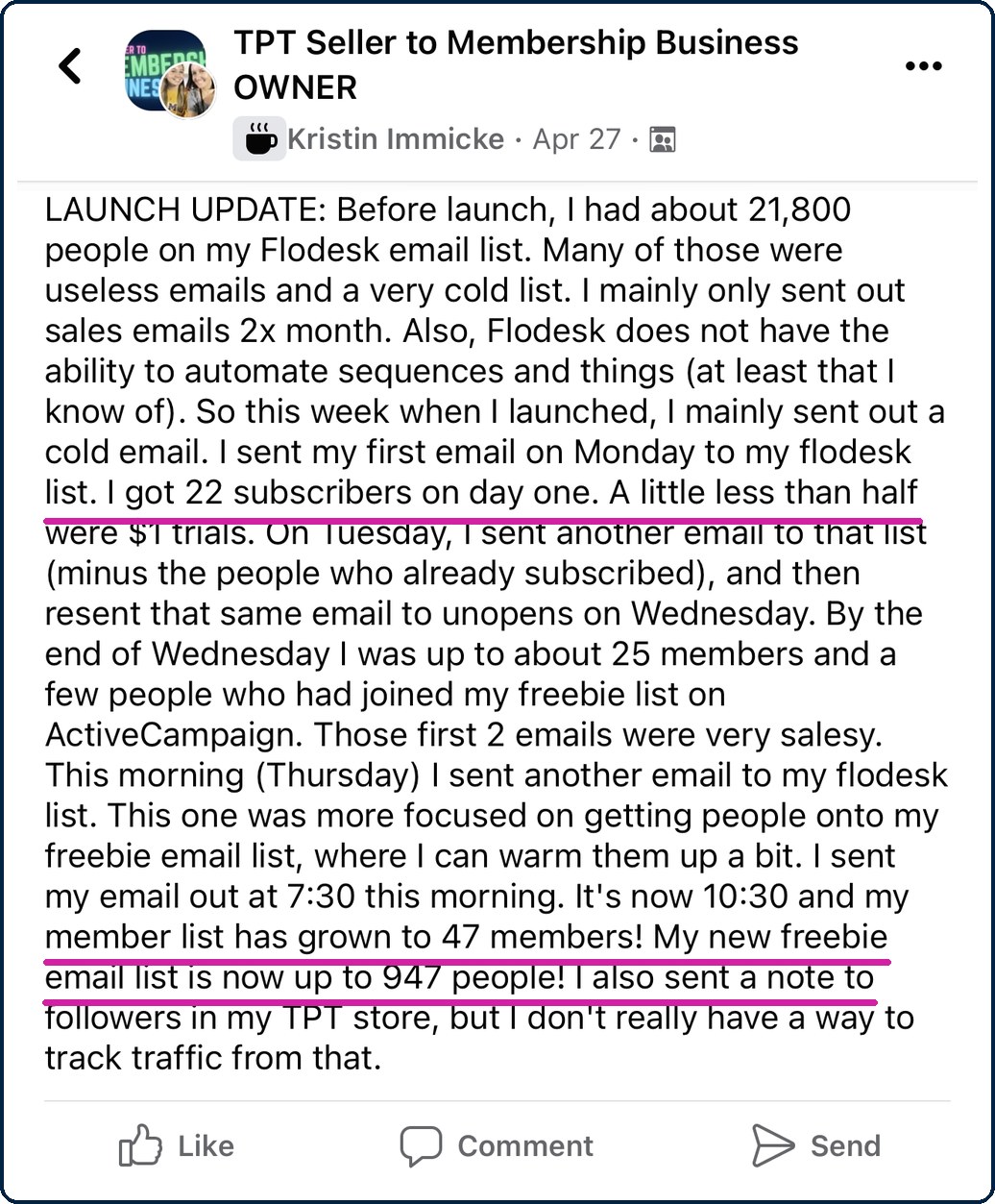 Kristin Immicke: 47 members and 947 new subscribers in the first four days of her launch