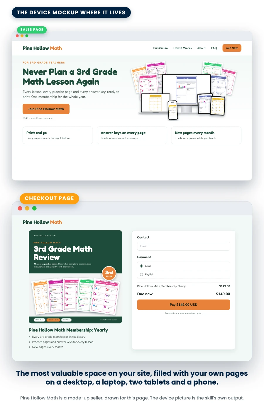 The device mockup at the top of a sample sales page and on a checkout page: the seller's pages on a desktop, a laptop, two tablets and a phone, with fans of printed pages behind