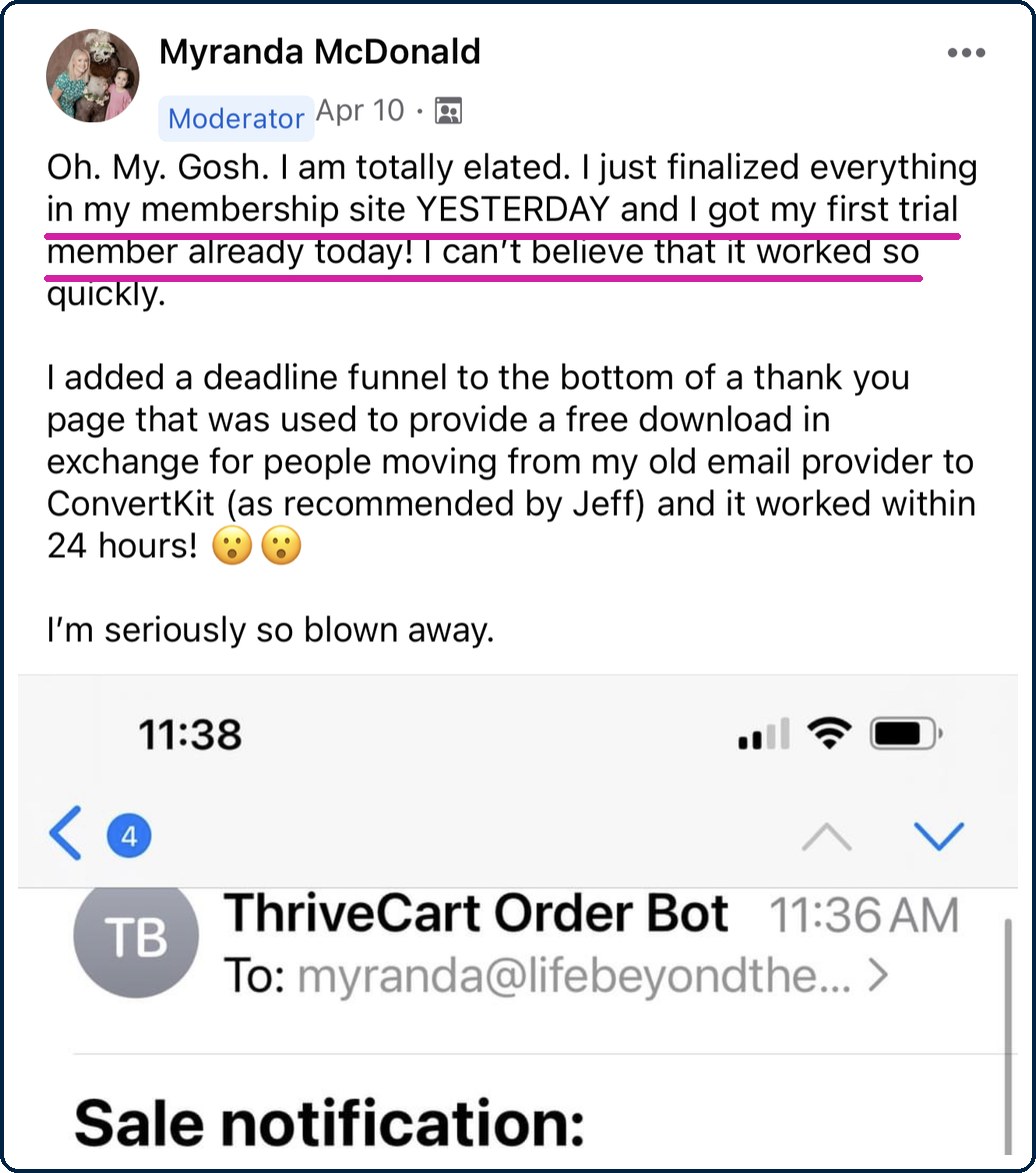 Myranda McDonald: first trial member within 24 hours of finishing her membership site
