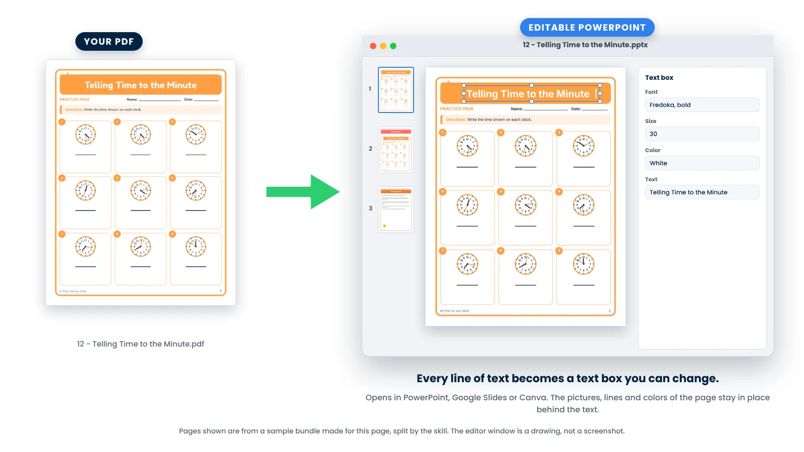 Your PDF page next to the same page as an editable PowerPoint slide, with the title selected as a text box; opens in PowerPoint, Google Slides or Canva
