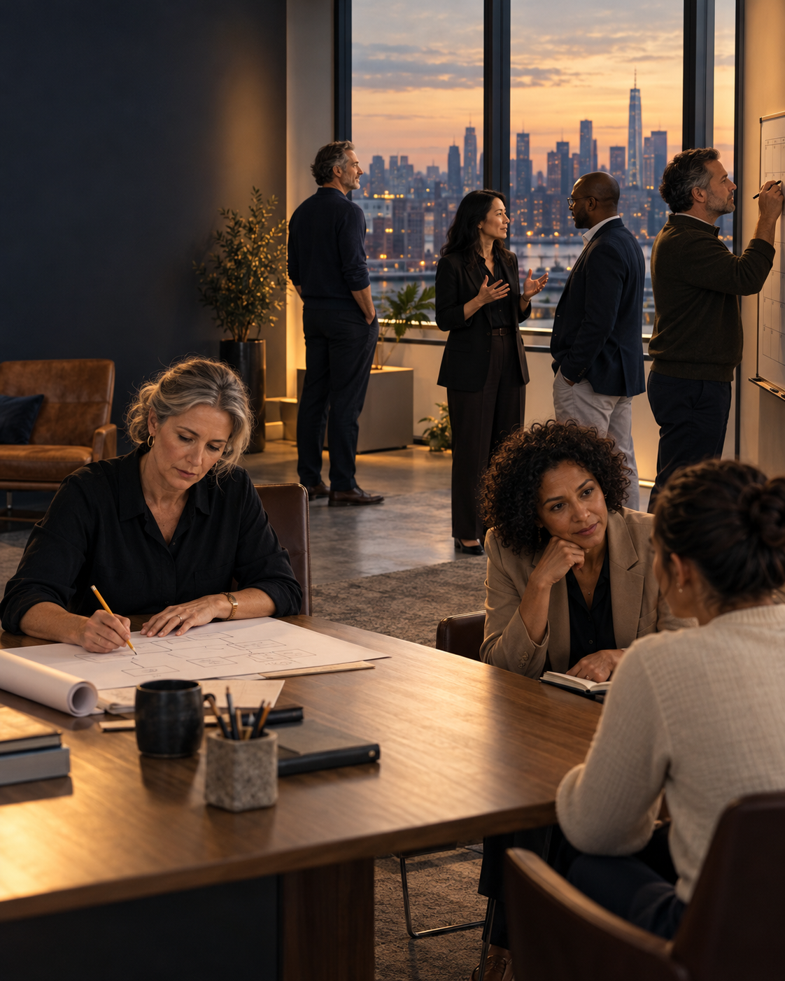 Five leaders at work: drafting a plan, explaining across a table, writing a date on a wall calendar, listening in a one-on-one, and looking out at the city