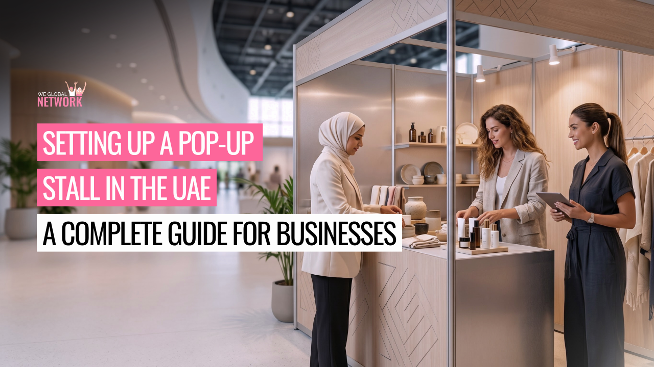 UAE small business showcasing products at a pop-up stall during a business event with visitors networking and exploring brands