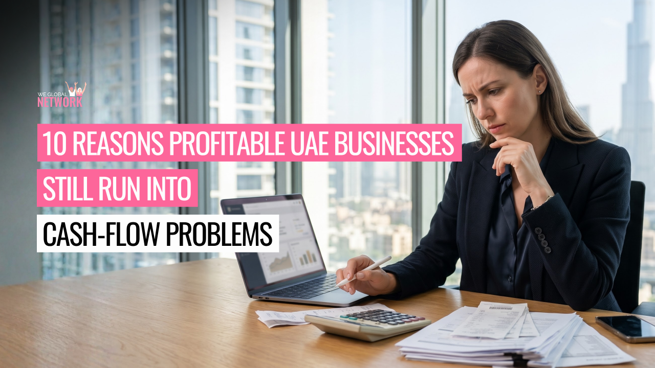 UAE SME owner reviewing business cash flow, outstanding invoices, expenses and financial performance