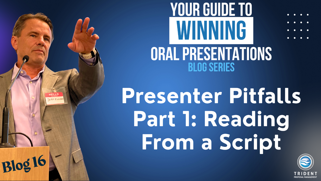 Jeff Everage presenting at a podium with his left hand extended out in front of him with the name Blog 16, titled "Presenter Pitfalls Part 1 – Reading From A Script"