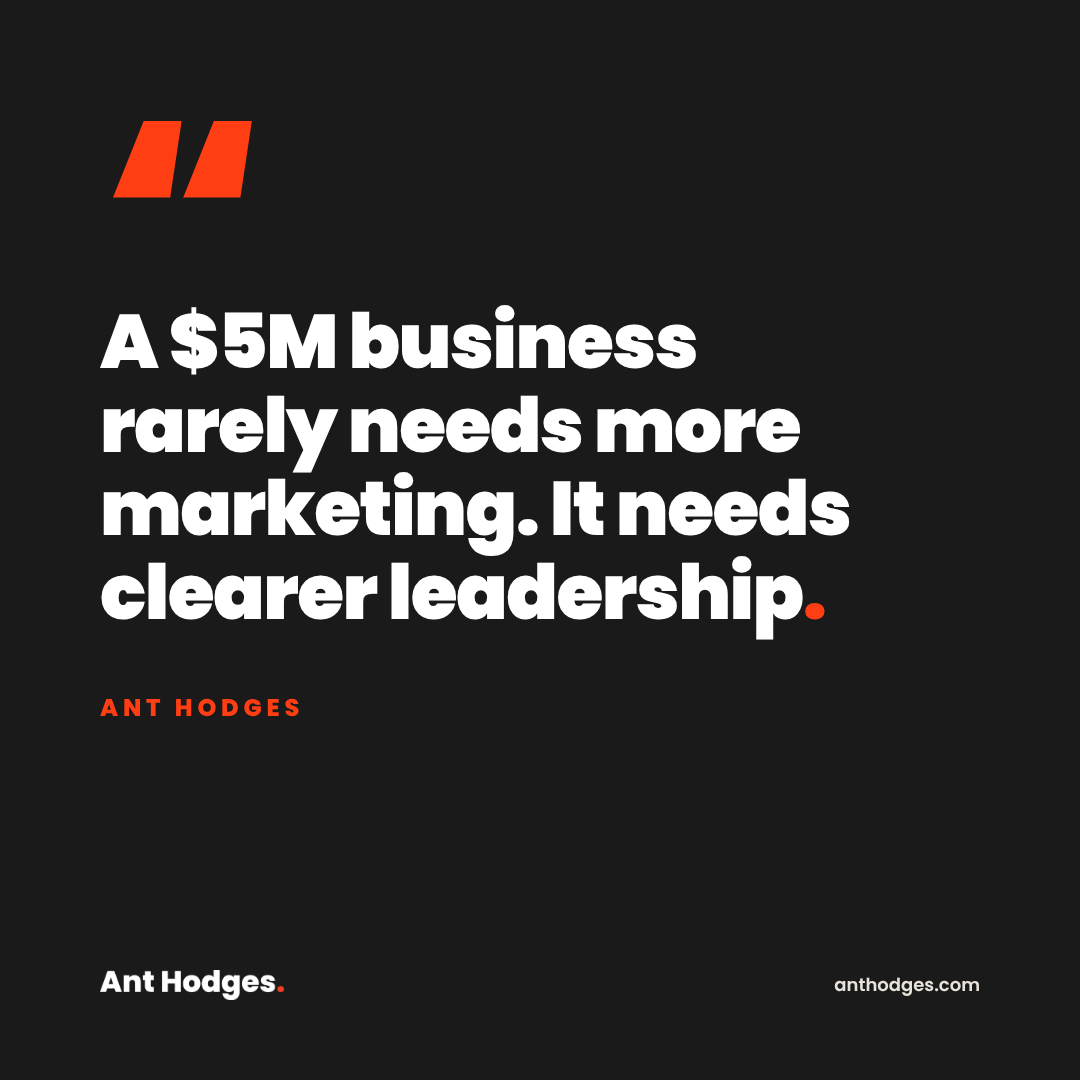 Quote card from Ant Hodges: A $5M business rarely needs more marketing. It needs clearer leadership.
