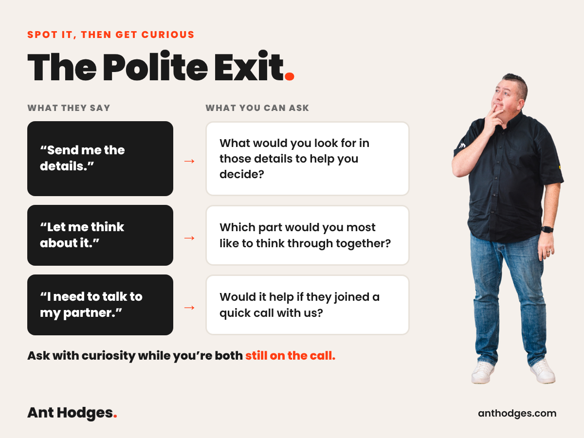 The Polite Exit by Ant Hodges: three things prospects say, such as send me the details, let me think about it and I need to talk to my partner, with a curious question to ask for each